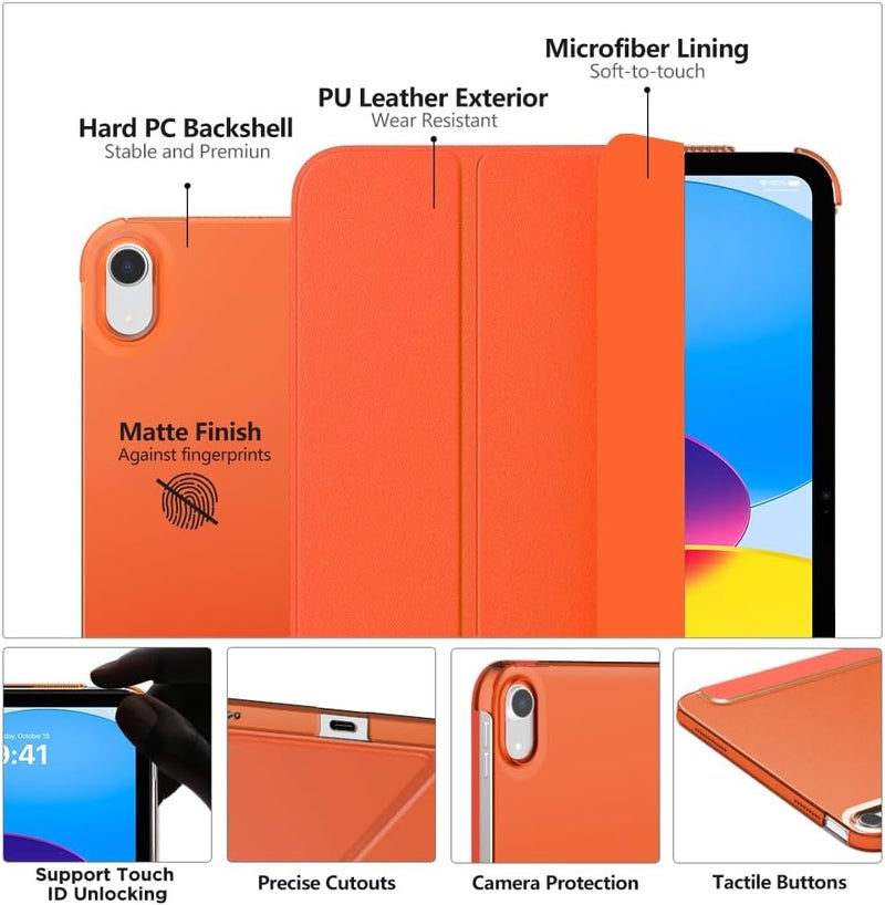 MoKo غطاء لجهاز iPad (A16) الجيل 11 بحجم 11 بوصة 2025، غطاء لجهاز iPad الجيل 10 بحجم 10.9 بوصة 2022، غطاء ذكي رقيق مع ظهر شفاف من PC، يدعم Touch ID، استيقاظ/نوم تلقائي، برتقالي - Image 3